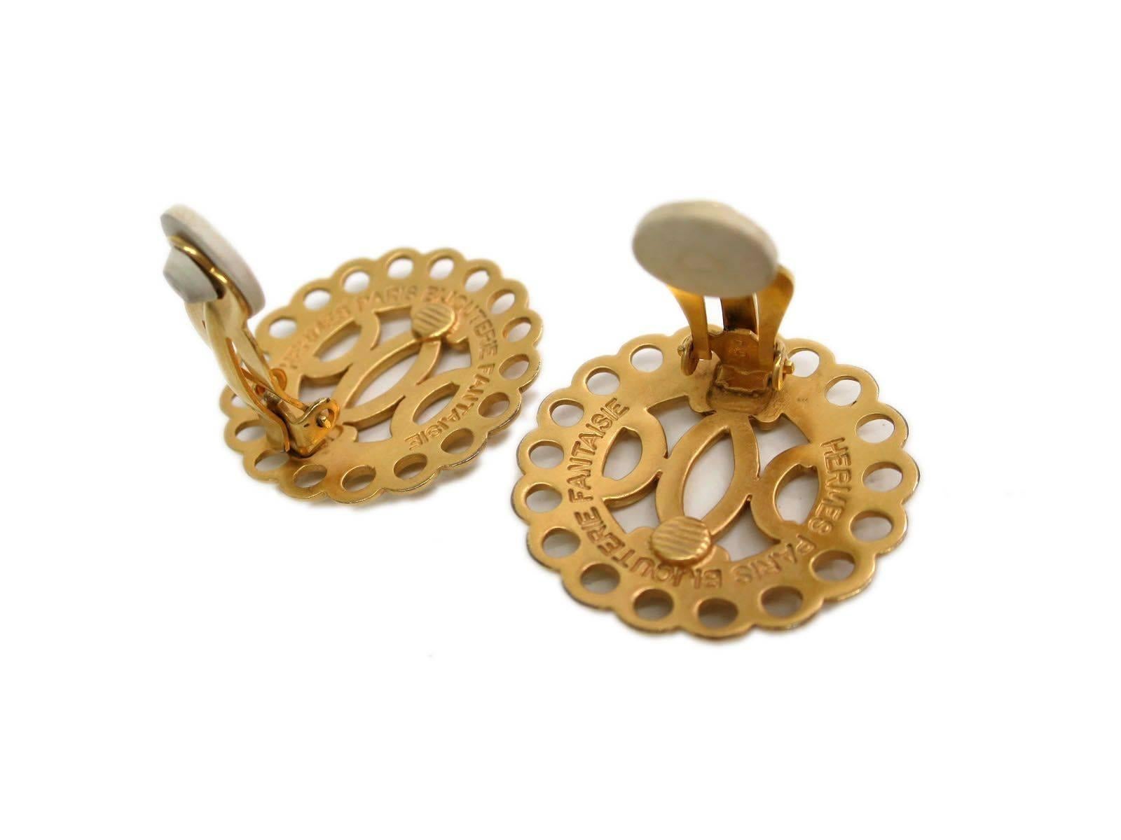Hermes Gold Tone H Logo Round Earrings  In Excellent Condition In Chicago, IL