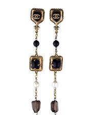Chanel Black and Gold Cabochon Stones Bead Pearl CC Logo Drop Dangle Earrings