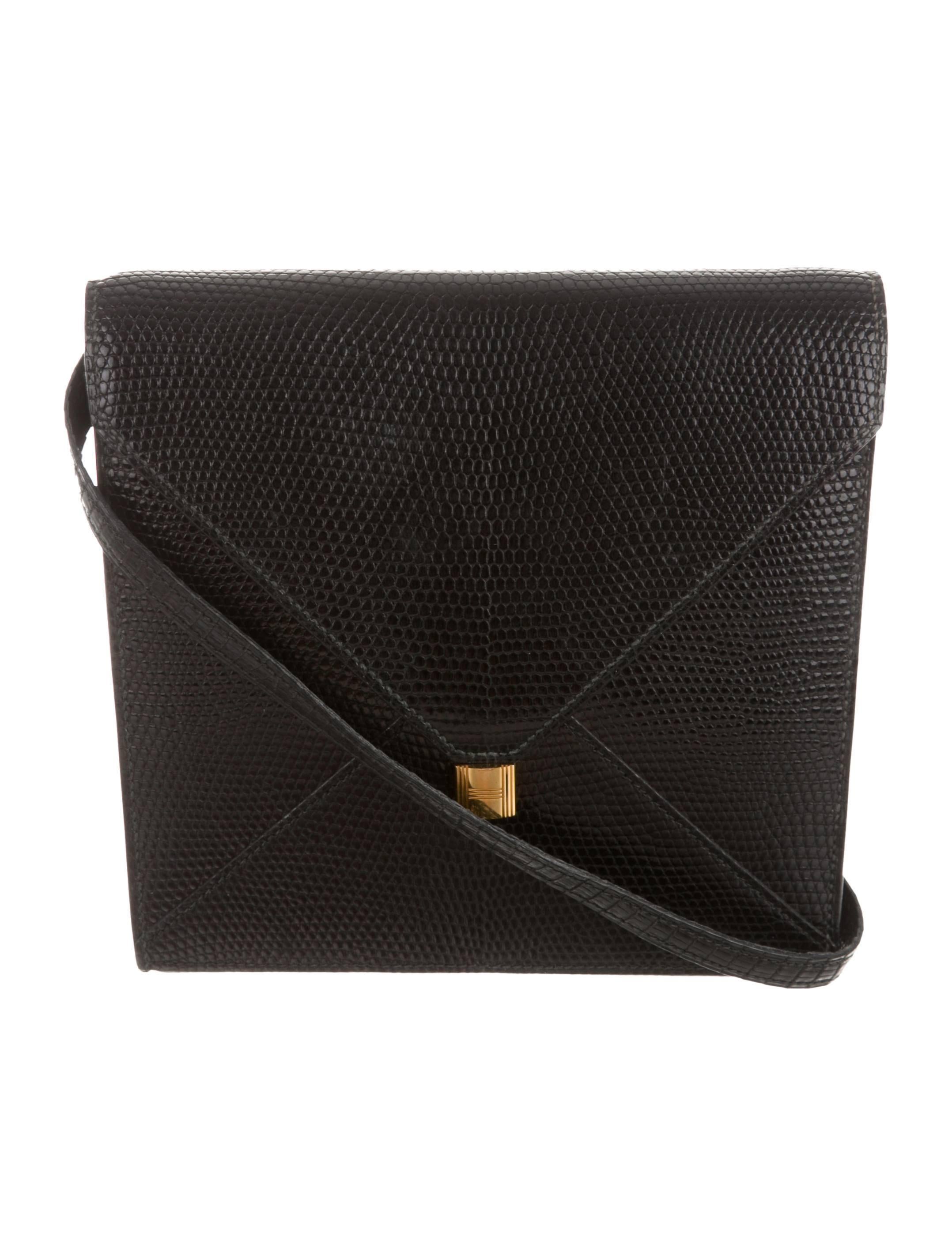 Women's Hermes Black Lizard Leather Kelly Lock Gold Hardware Envelope Shoulder Bag