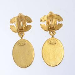 Chanel CC Gold Tone Black Glass Stone Earrings