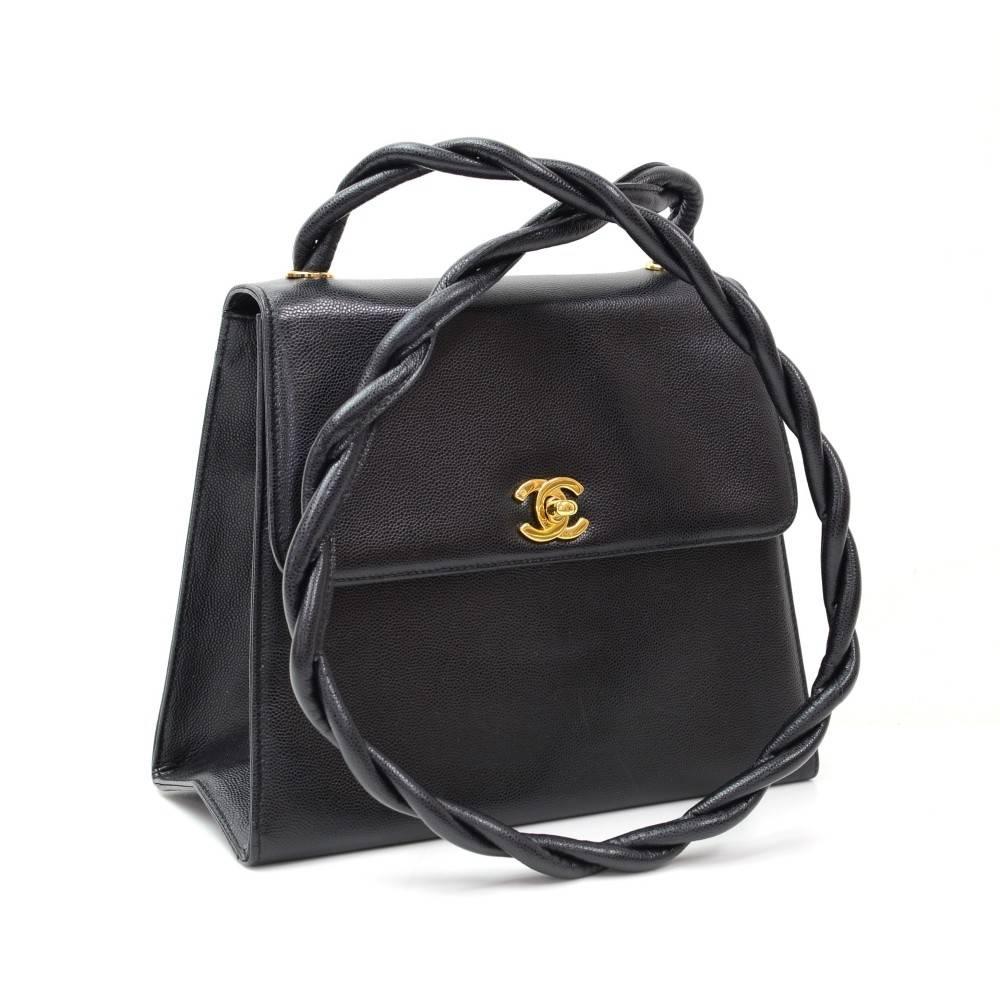 Women's Chanel Black Caviar Leather Gold Hardware Braided Kelly Box Style Shoulder Bag