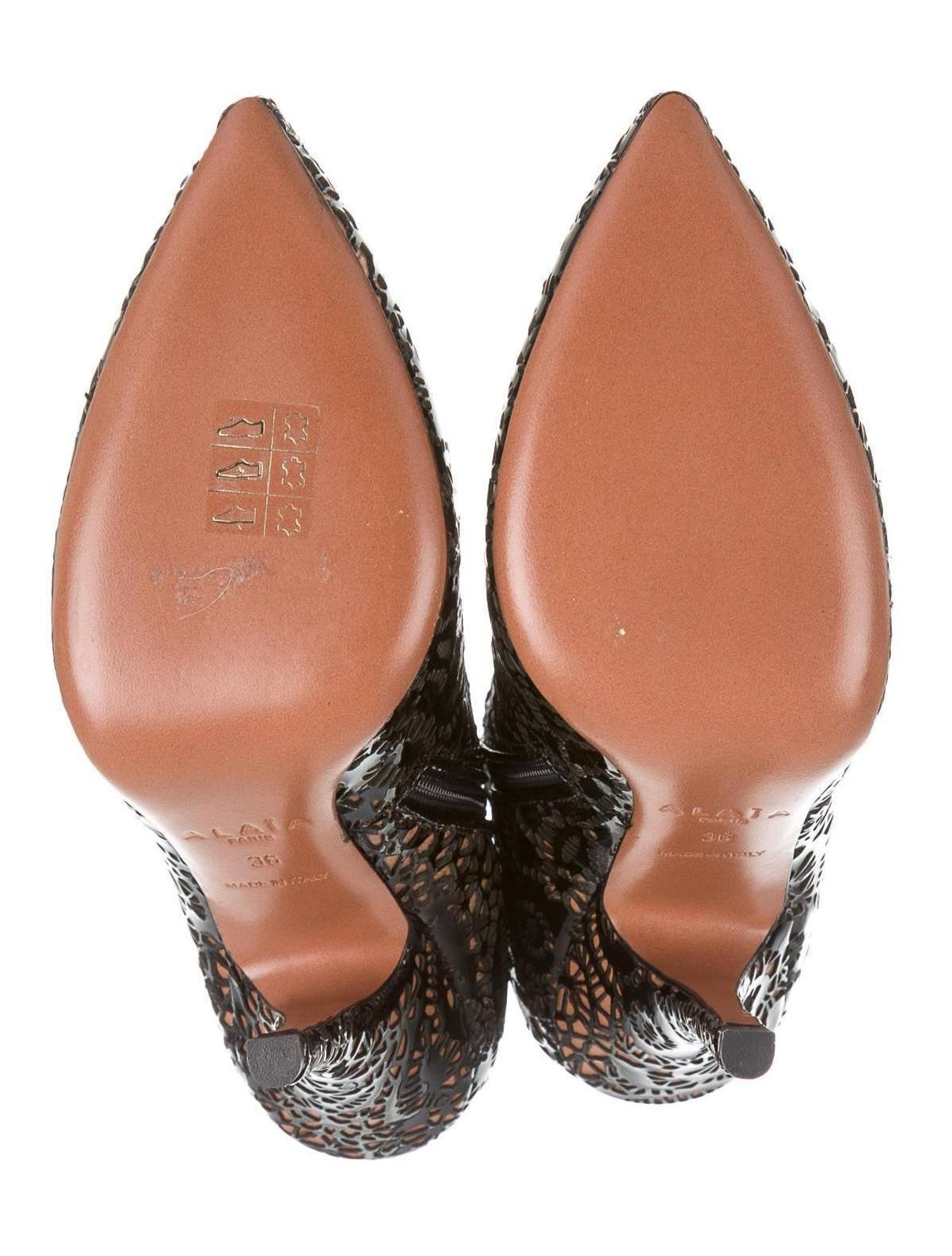 Alaia Black Patent Leather Laser Cut Pointy Toe Ankle Boots Booties 1