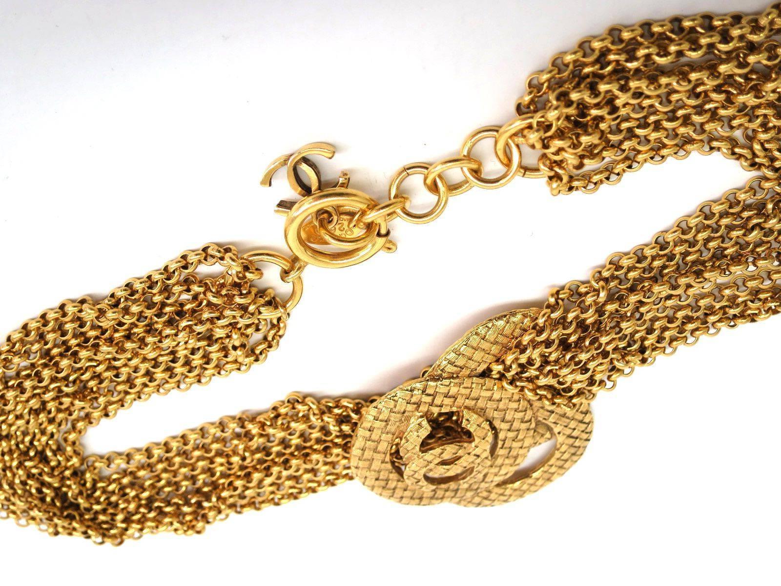 Chanel Vintage Gold Multi Strand Chain Link CC Charm Choker Necklace In Good Condition In Chicago, IL