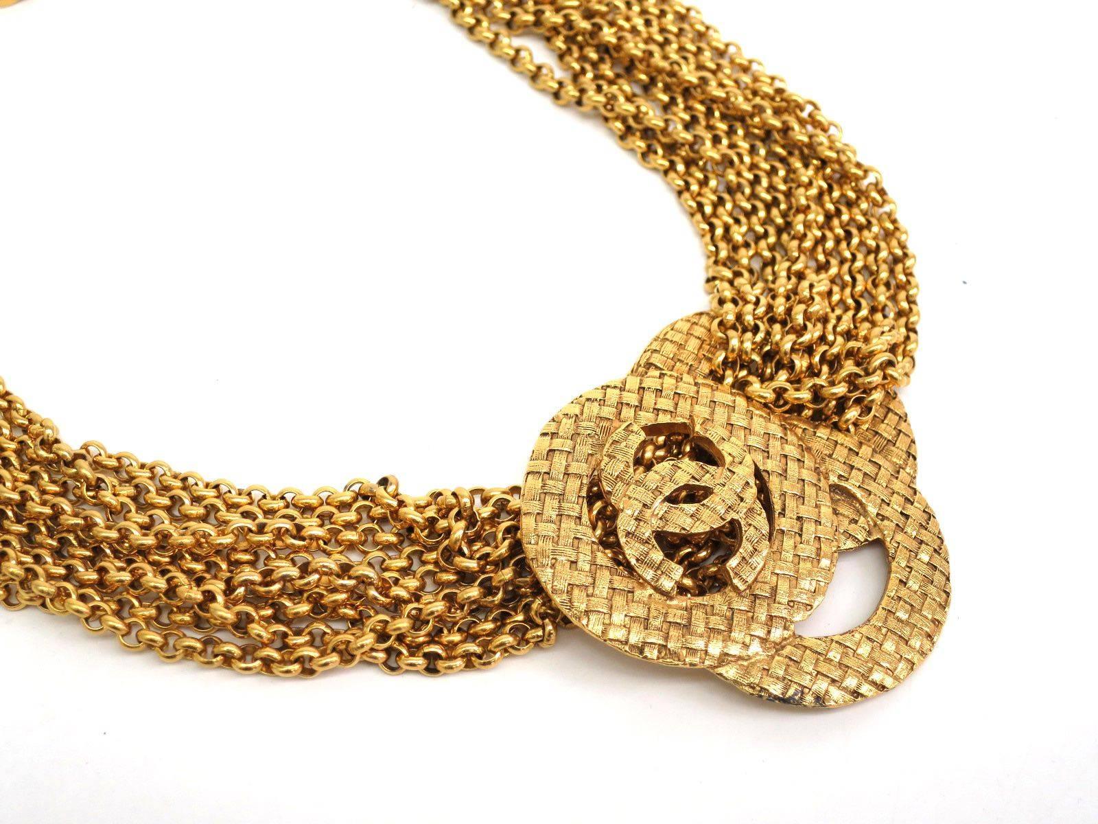 Chanel Vintage Gold Multi Strand Chain Link CC Charm Choker Necklace