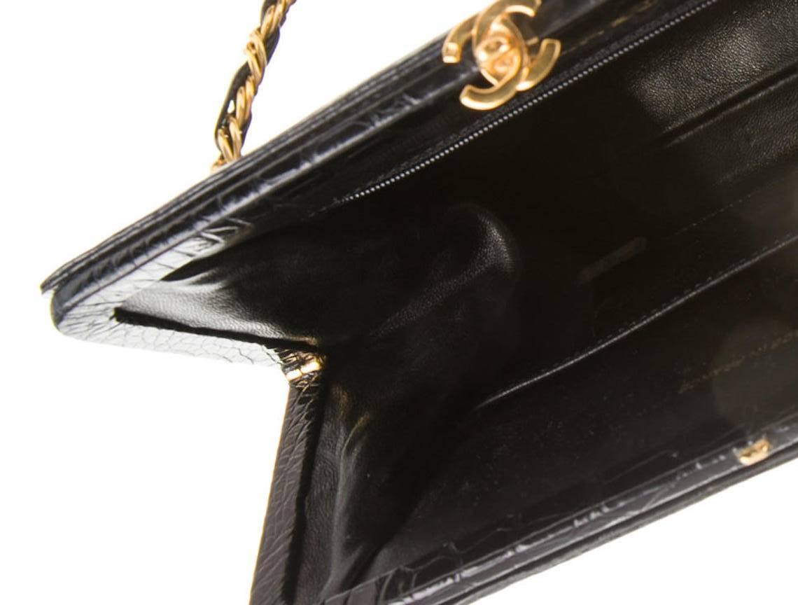 Chanel Rare Black Alligator Leather Gold Chain Flap Evening Cross Shoulder Bag 1