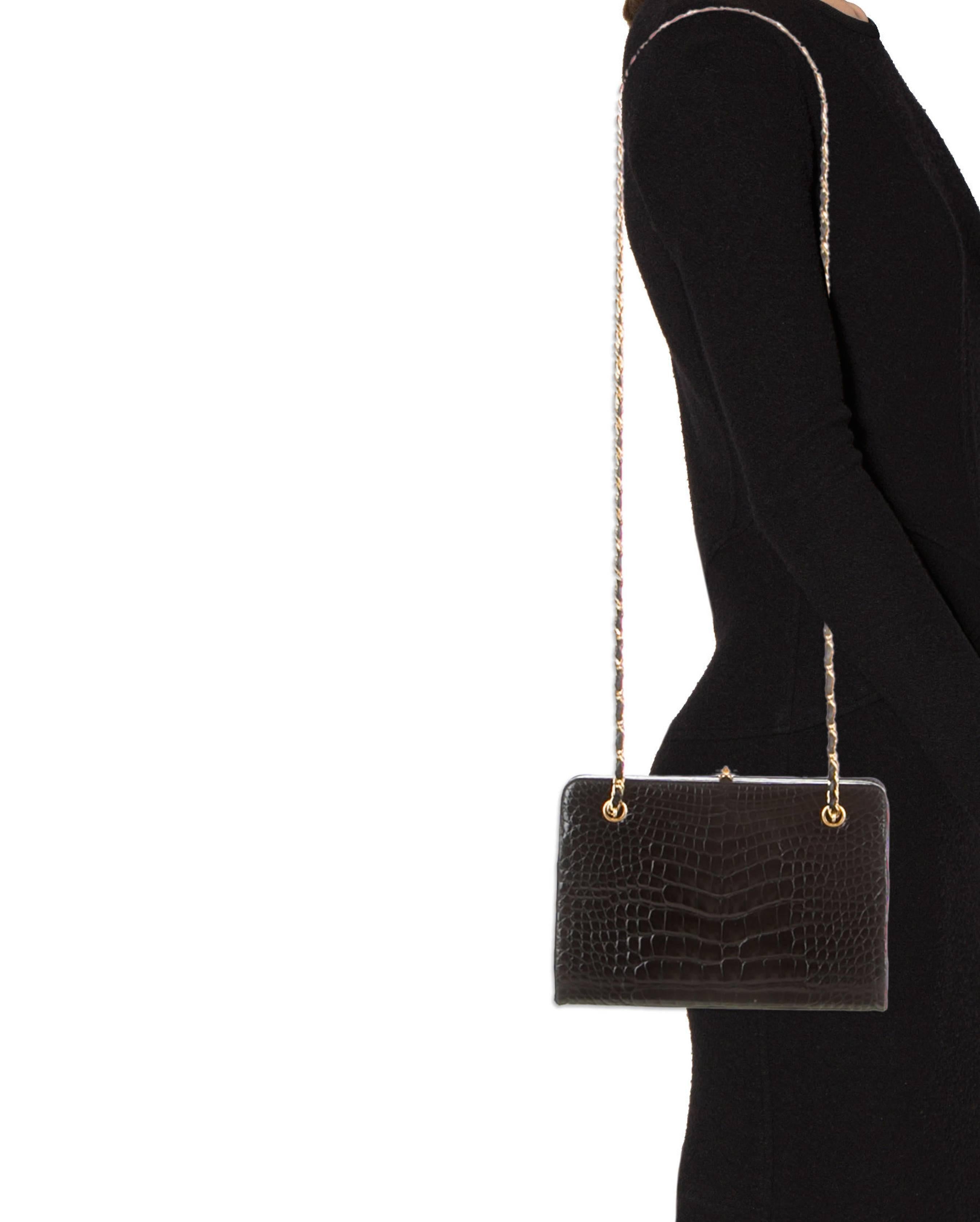 Women's Chanel Rare Black Alligator Leather Gold Chain Flap Evening Cross Shoulder Bag