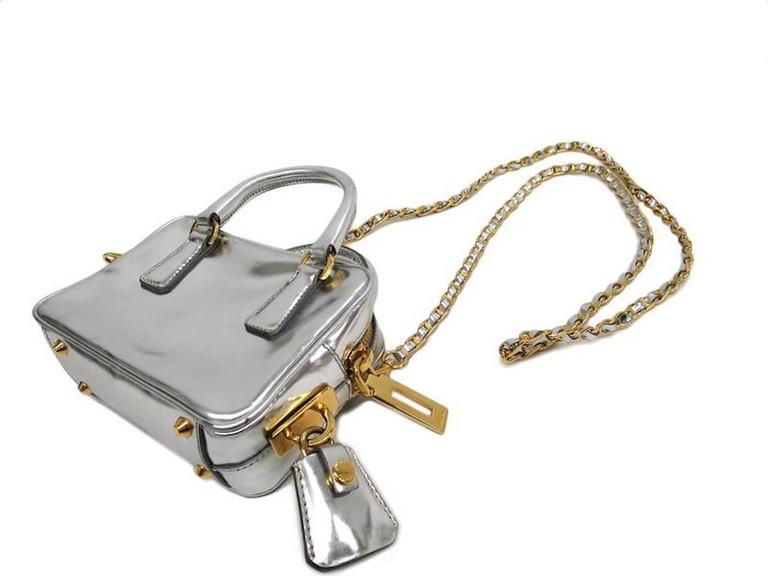 Prada Silver Patent Leather Gold Chain HW Top Handle Crossbody Shoulder