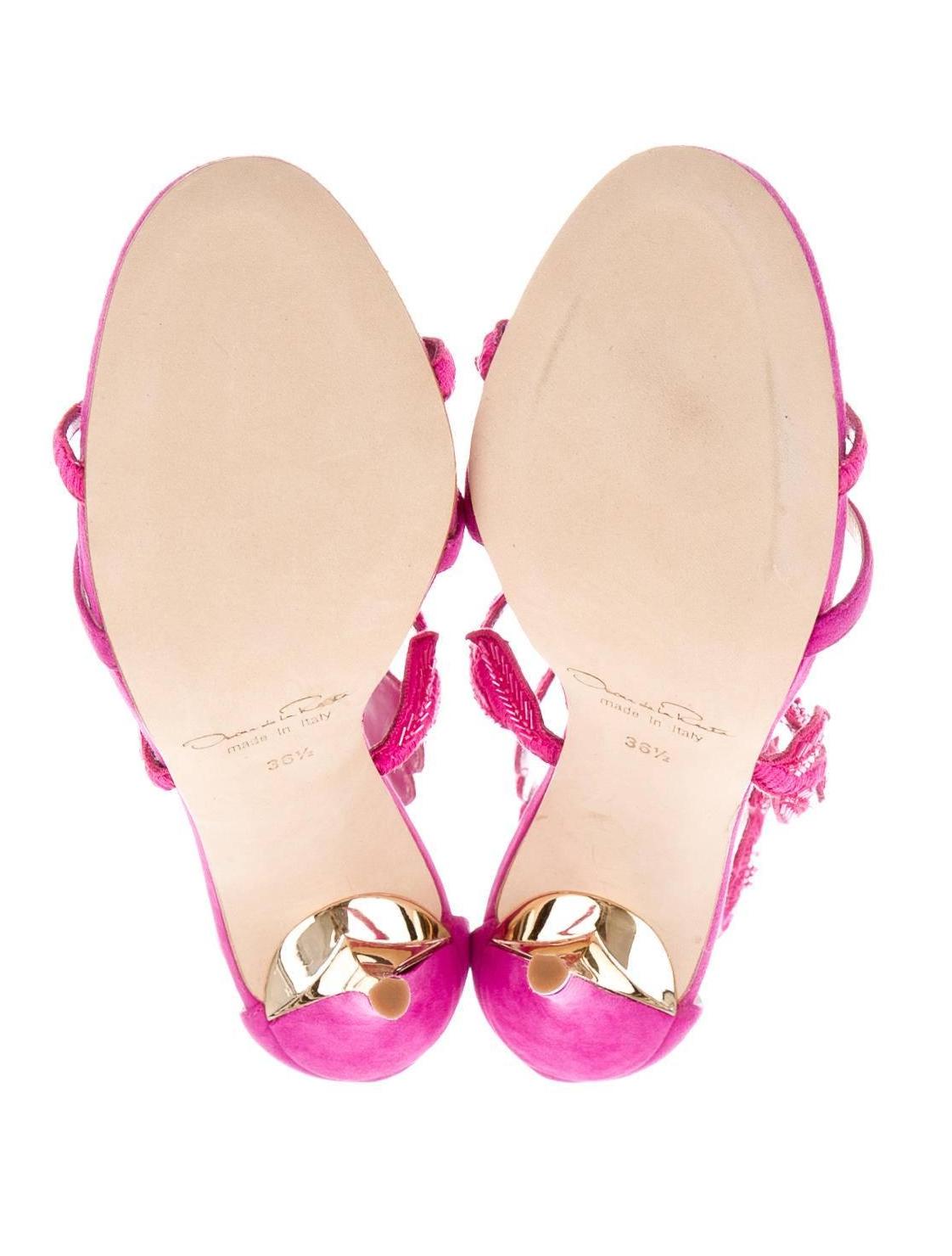 Oscar de la Rental NEW Pink Suede Bead Floral High Heels Sandals in Box 1