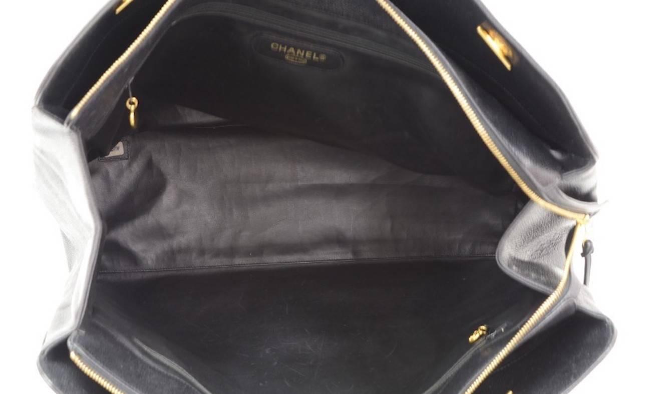 Chanel Vintage Black Caviar Gold Weekender Travel Shopper Tote Flap Shoulder Bag 3