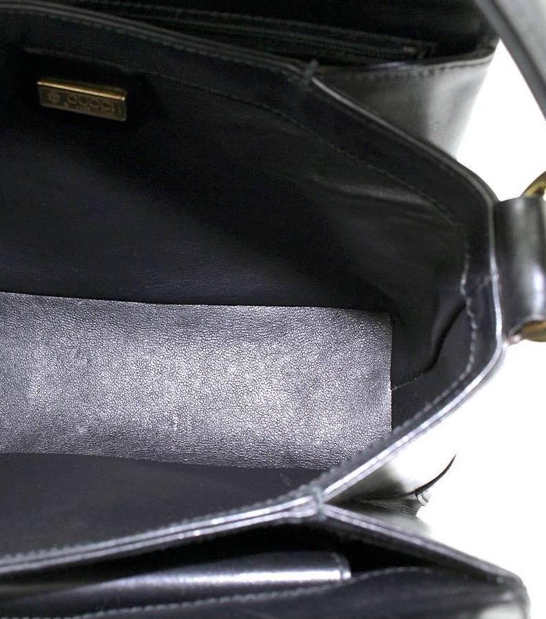 Women's Gucci Vintage Black Leather Gold Kelly Style Box Top Handle Satchel Shoulder Bag
