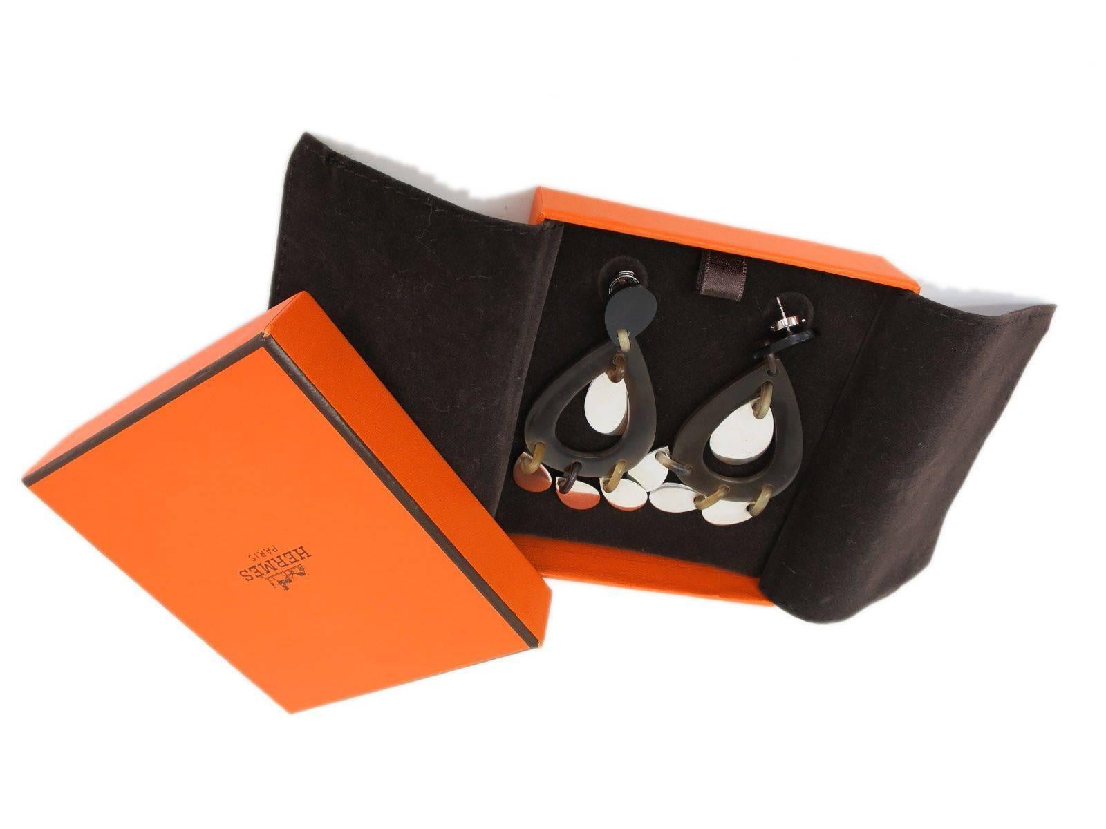 Women's Hermes Cognac Brown Ivory Horn Resin Chandelier Dangle Drop Earrings in Box