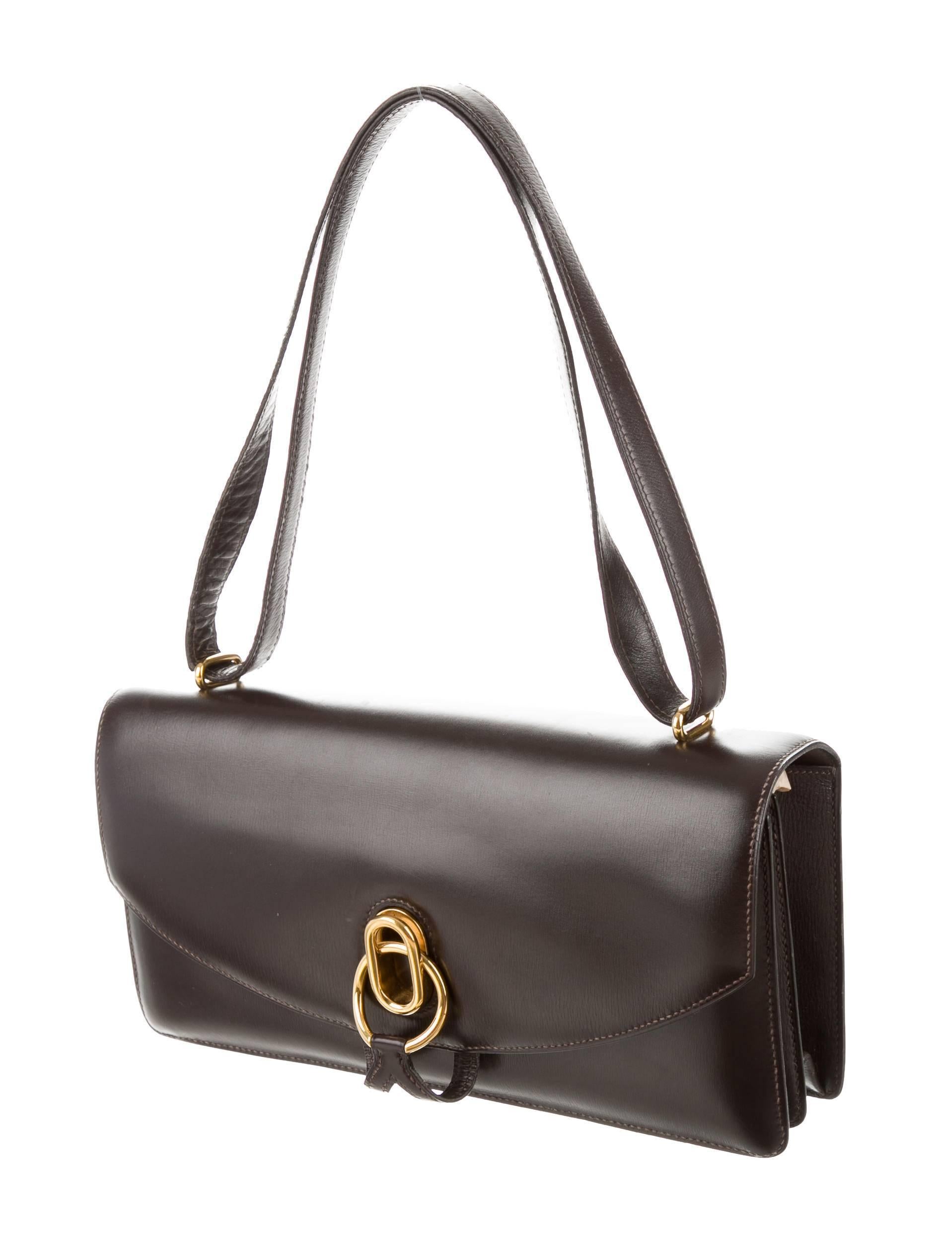 Black Hermes Vintage Dark Brown Box Leather Gold Top Handle Satchel Shoulder Flap Bag