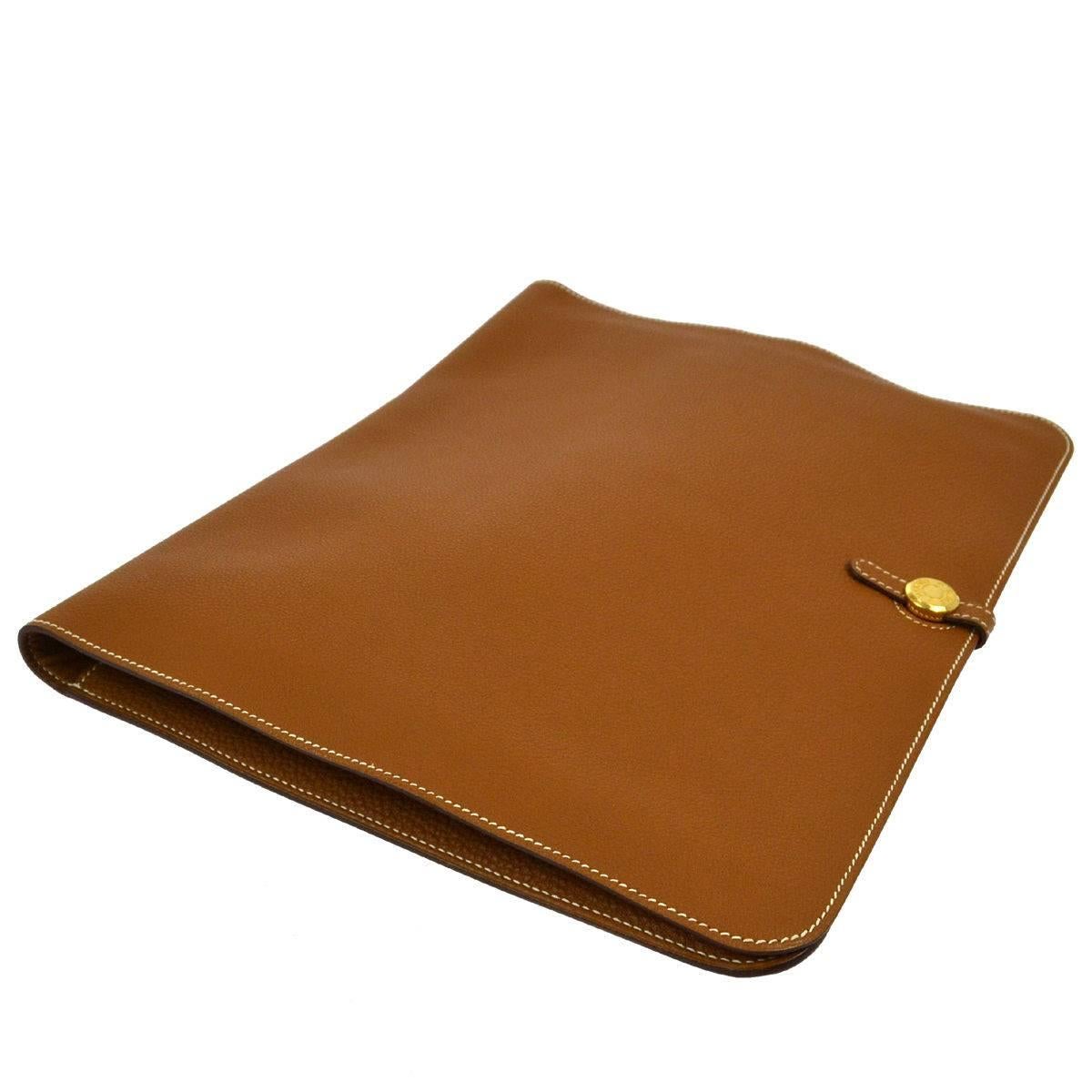 Hermes Cognac Leather Gold Large LapTop Business Envelope Clutch CarryAll Bag