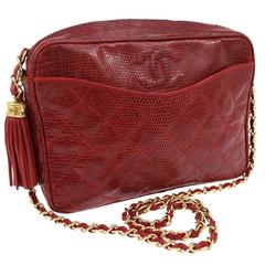 Vintage Chanel Red Lizard Leather Tassel Evening Camera Shoulder Bag