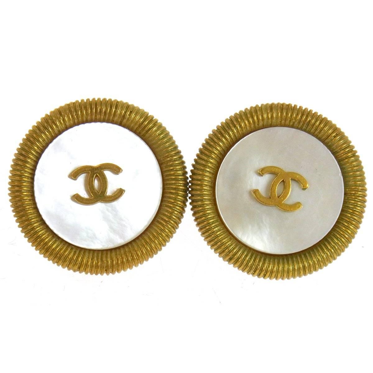 Chanel Vintage Gold Textured Metal Mother of Pearl Plated Round Stud Earrings 