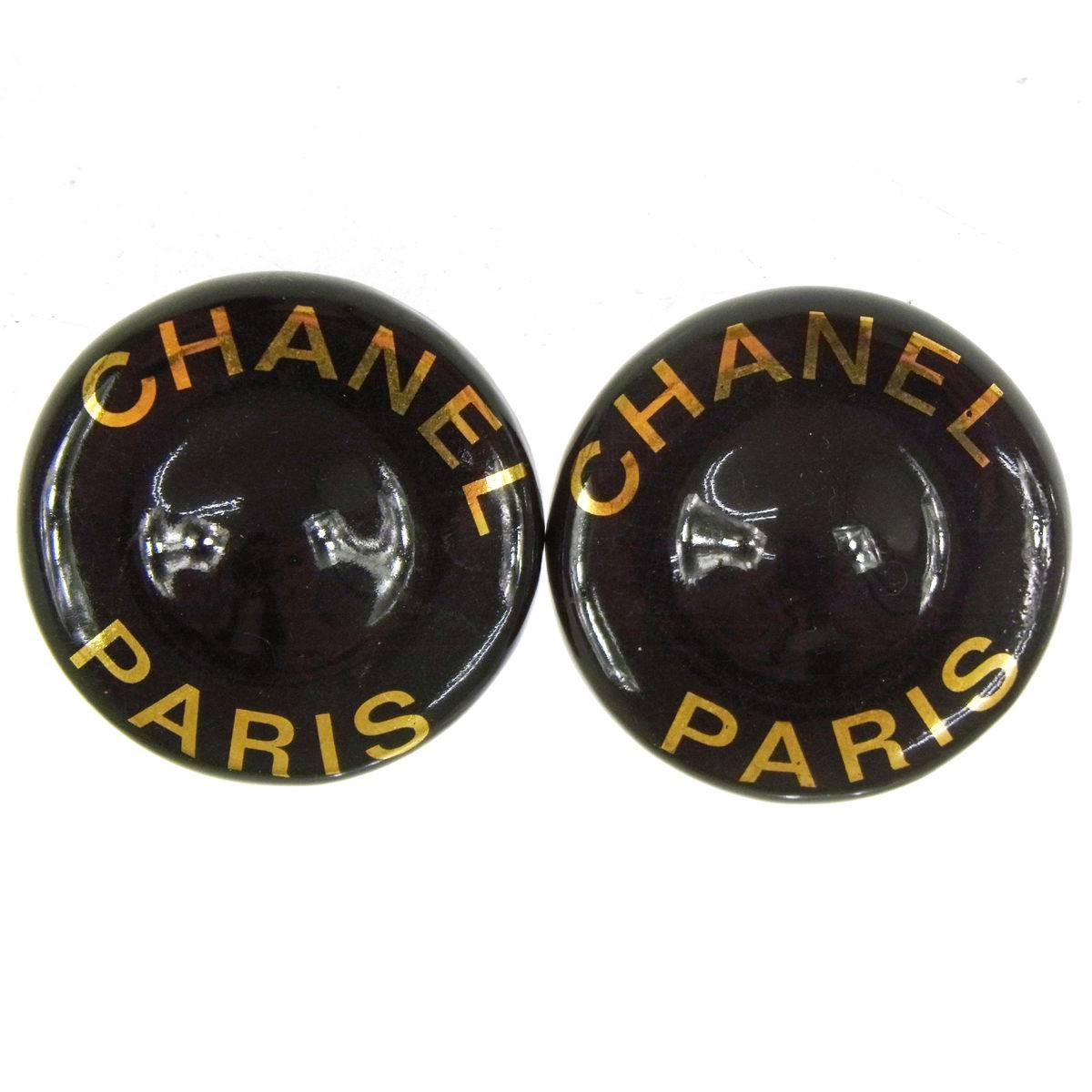 Chanel Vintage Enamel Gold 'CHANEL PARIS' Round Stud Earrings