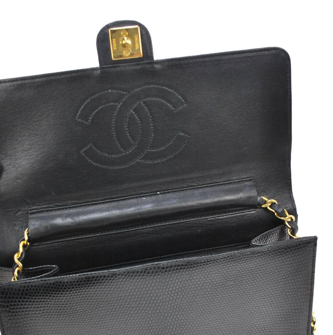 Chanel RARE Black Lizard Gold Evening Flap Shoulder Bag 2
