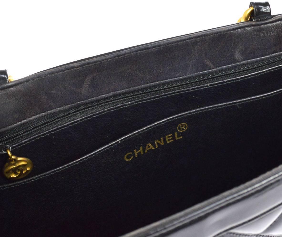 Chanel Vintage Black Leather Patent Top Handle Evening Shopper Tote Bag 2