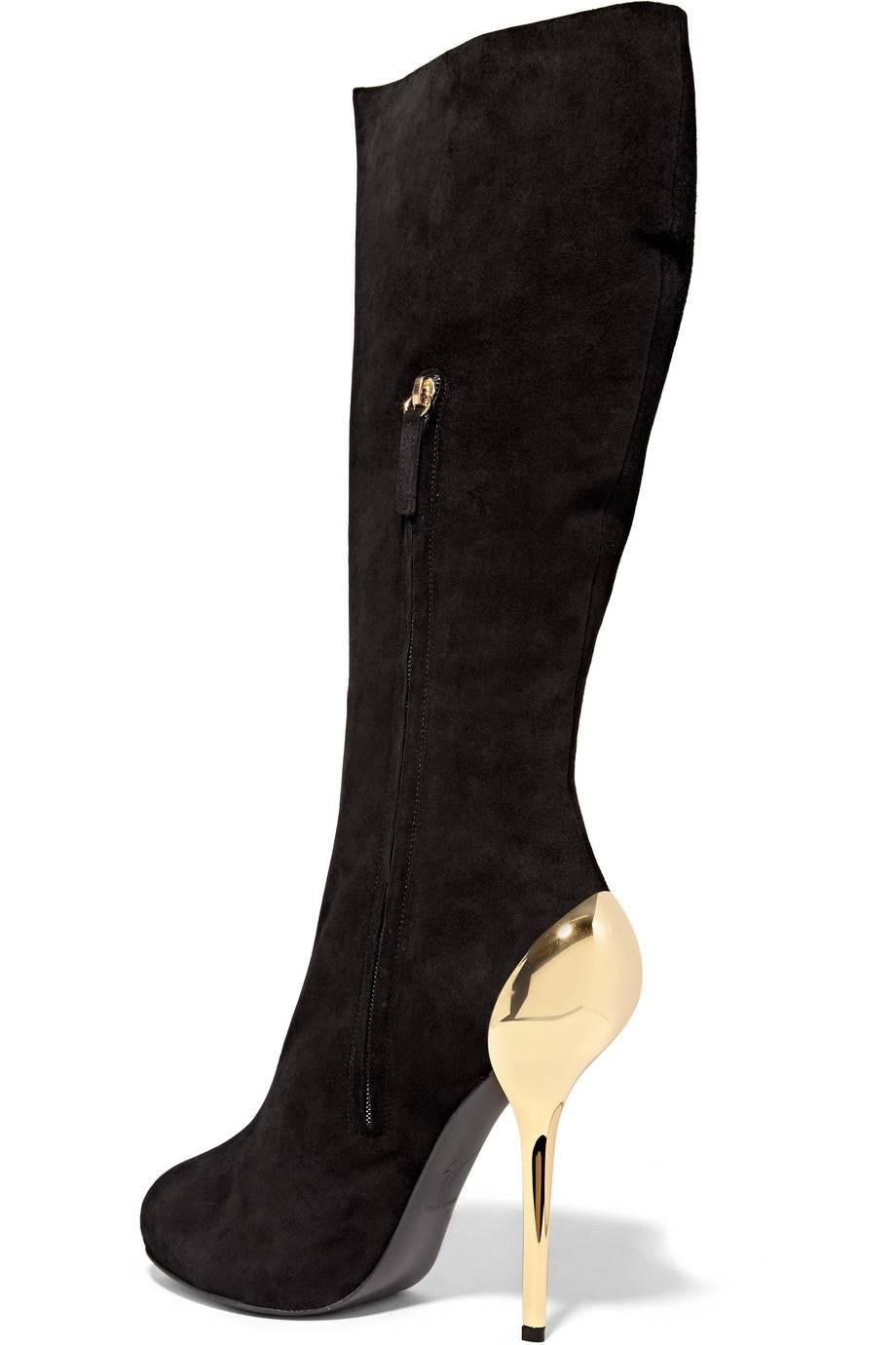 Women's Giuseppe Zanotti NEW & SOLD OUT Black Suede Gold Metal Knee High Boots in Box