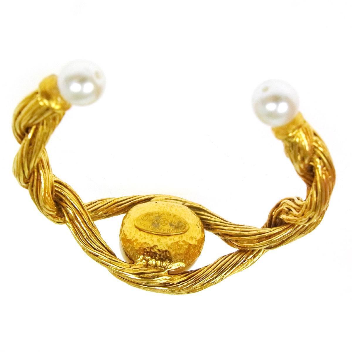 Chanel Vintage Gold Braided Textured Charm Three Pearl Cuff Bracelet  In Excellent Condition In Chicago, IL