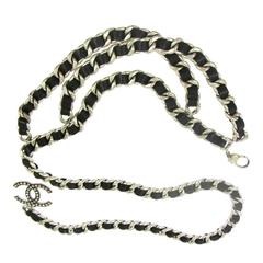 Chanel Silver Black Leather Metal Stud Charm Hook Waist Belt in Box