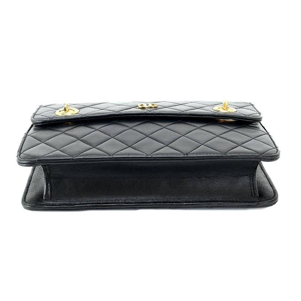 Chanel Vintage Black Lambskin Dual Turnlock Top Handle Satchel Shoulder Flap Bag In Excellent Condition In Chicago, IL
