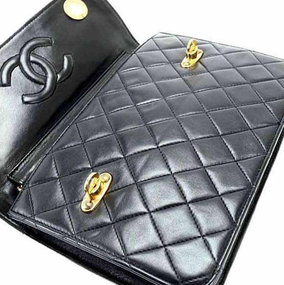 Women's Chanel Vintage Black Lambskin Dual Turnlock Top Handle Satchel Shoulder Flap Bag
