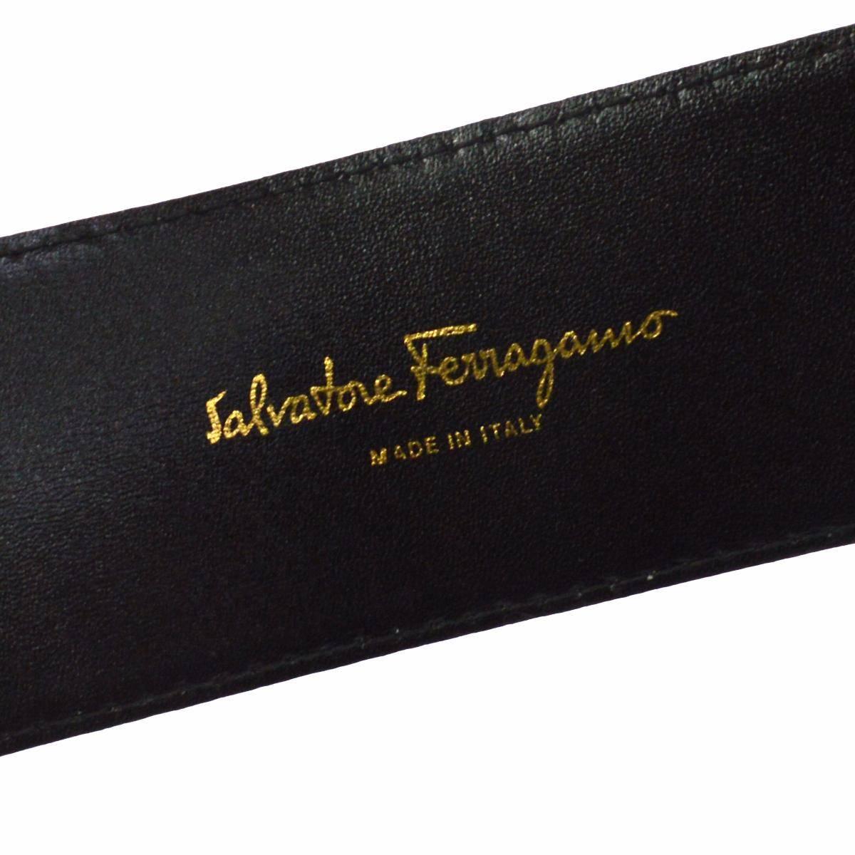 Women's Salvatore Ferragamo Black Leather Embossed Gold Logo Toggle Waist Belt