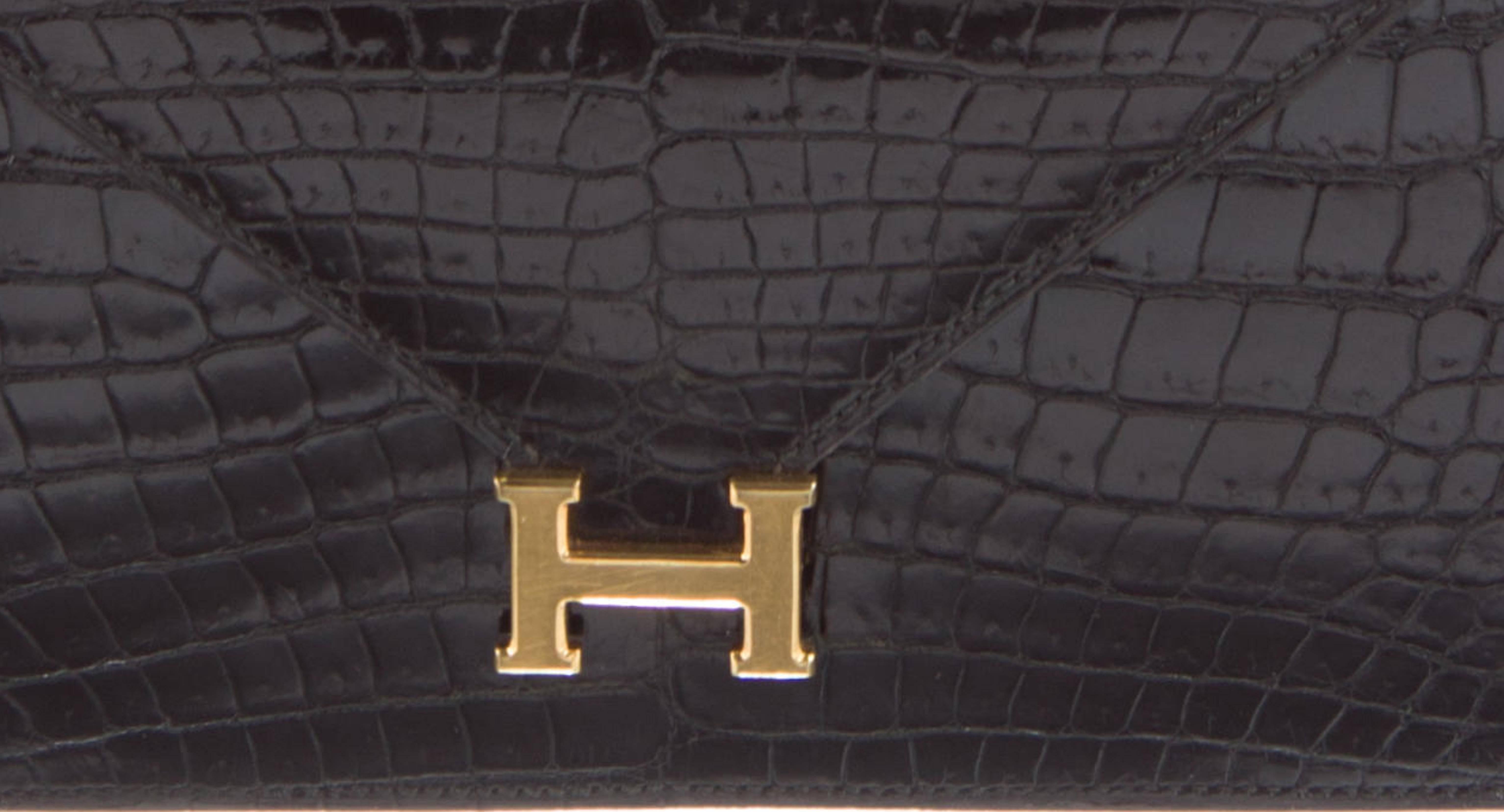 Hermes Rare Black Crocodile Gold H Evening Envelope Flap Shoulder Bag In Excellent Condition In Chicago, IL