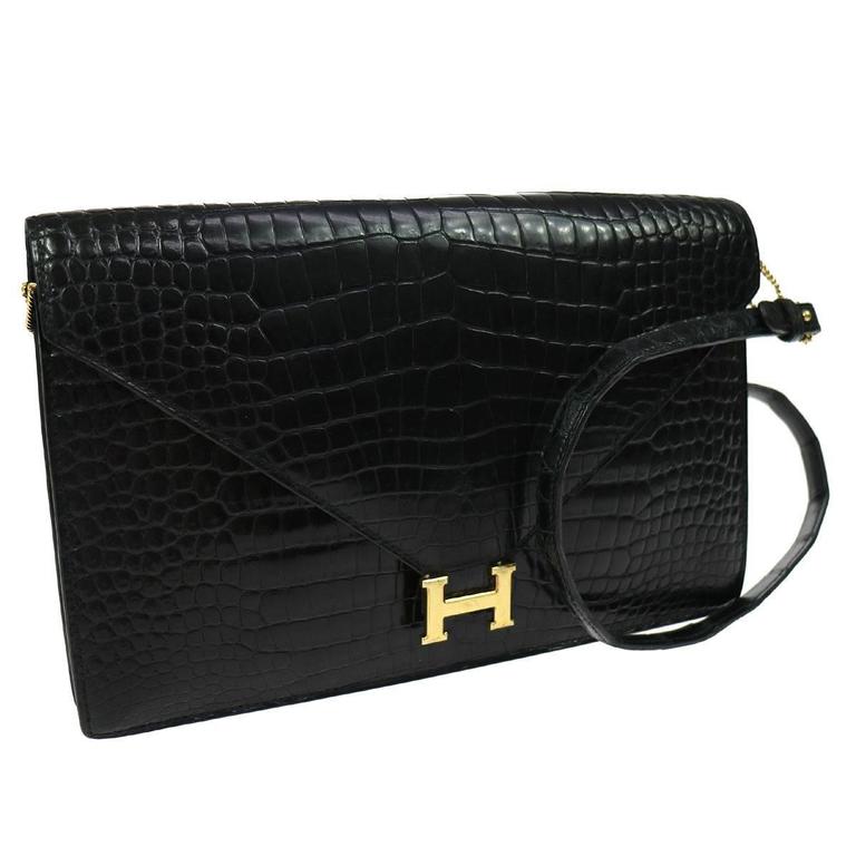 Hermes Rare Black Alligator Gold H Evening Envelope Flap Shoulder Bag ...