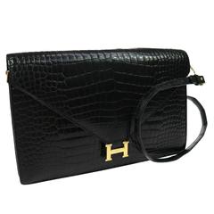 Hermes Rare Black Crocodile Gold H Evening Envelope Flap Shoulder Bag
