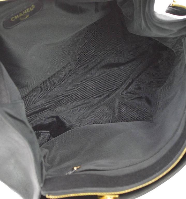 Chanel Vintage Black Leather Gold Large Shopper Travel Weekender Tote Bag