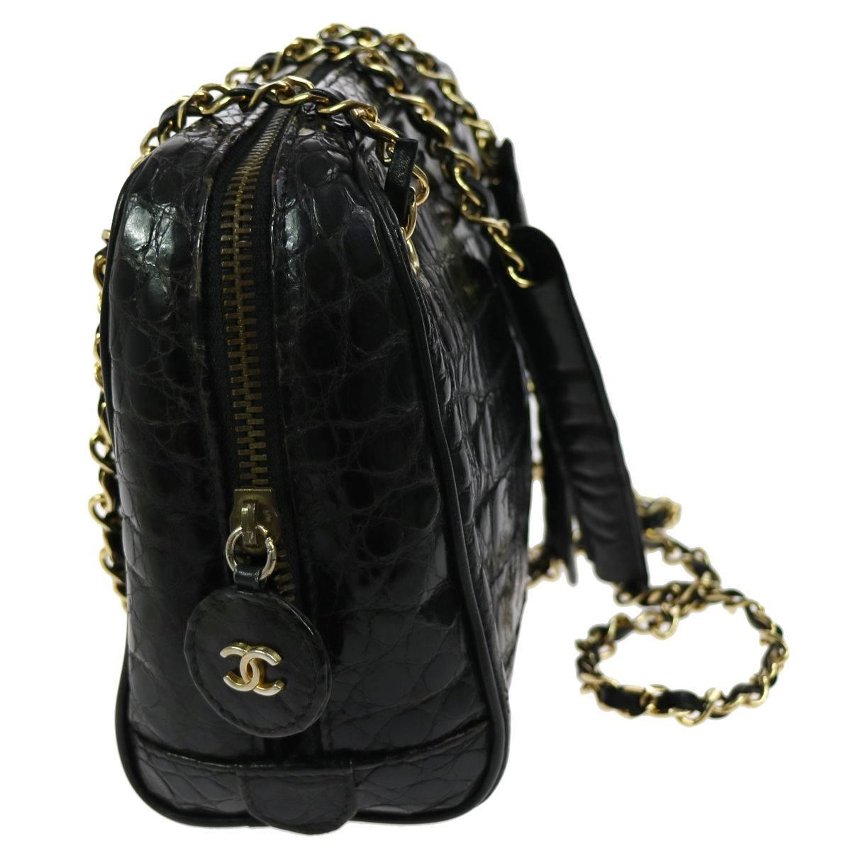 Chanel Rare Vintage Black Crocodile Gold Evening Camera Shoulder Bag In Good Condition In Chicago, IL