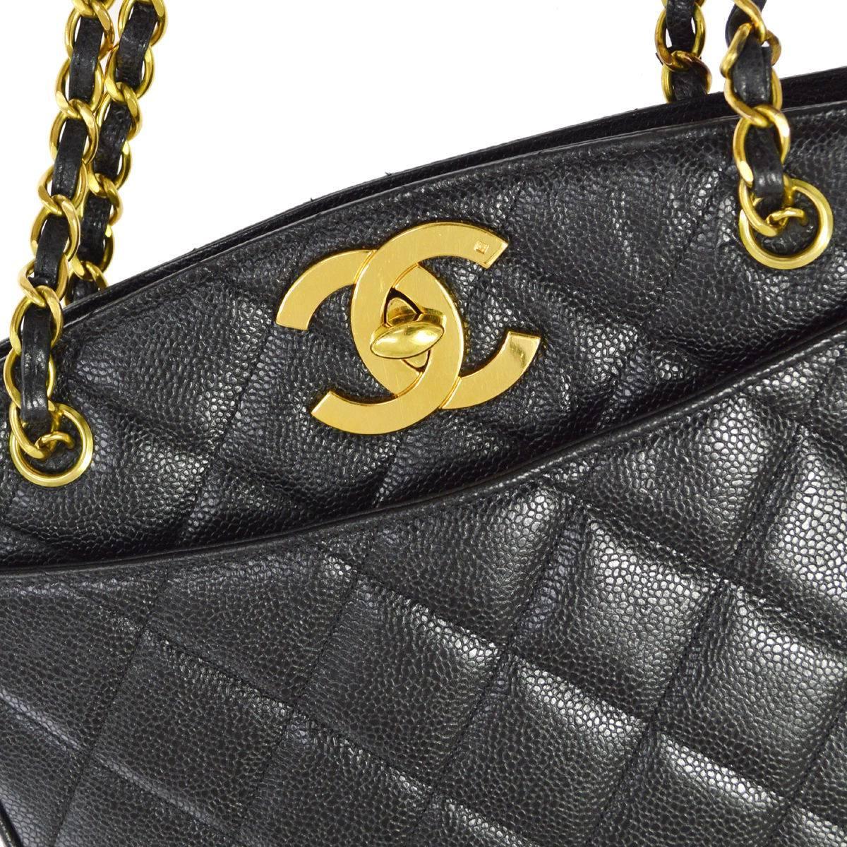 Chanel Rare Black Caviar Quilted Gold Shopper Carryall Tote Shoulder Bag 
Caviar
Gold tone hardware
Turnlock closure
Leather lining
Made in France
Date code present
Shoulder strap drop 13