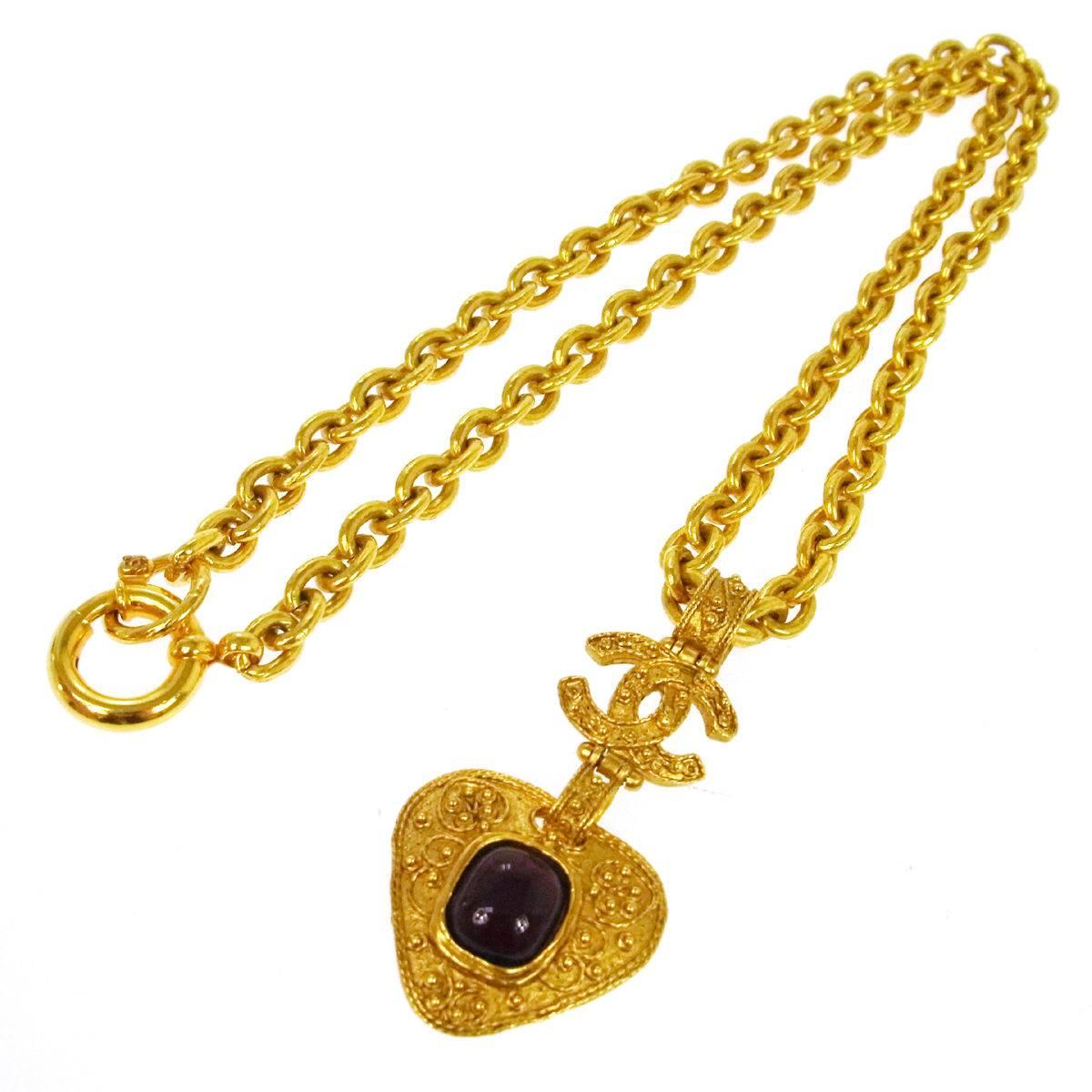 Chanel Gold Charm Gripoix Heart Link Long Evening Pendant Drape Necklace 