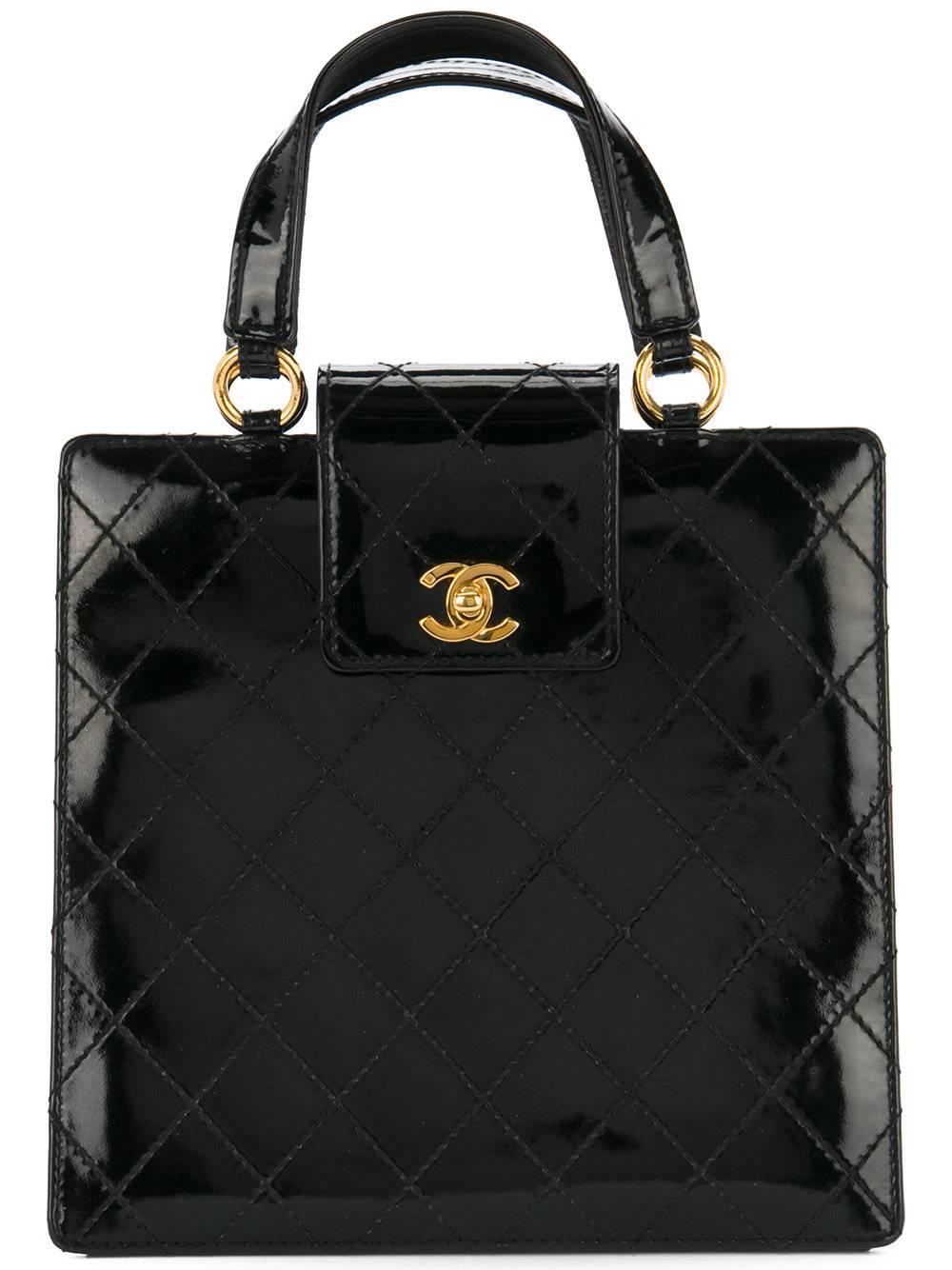 Chanel Vintage Black Patent Leather Top Handle Satchel Evening Bag In Good Condition In Chicago, IL