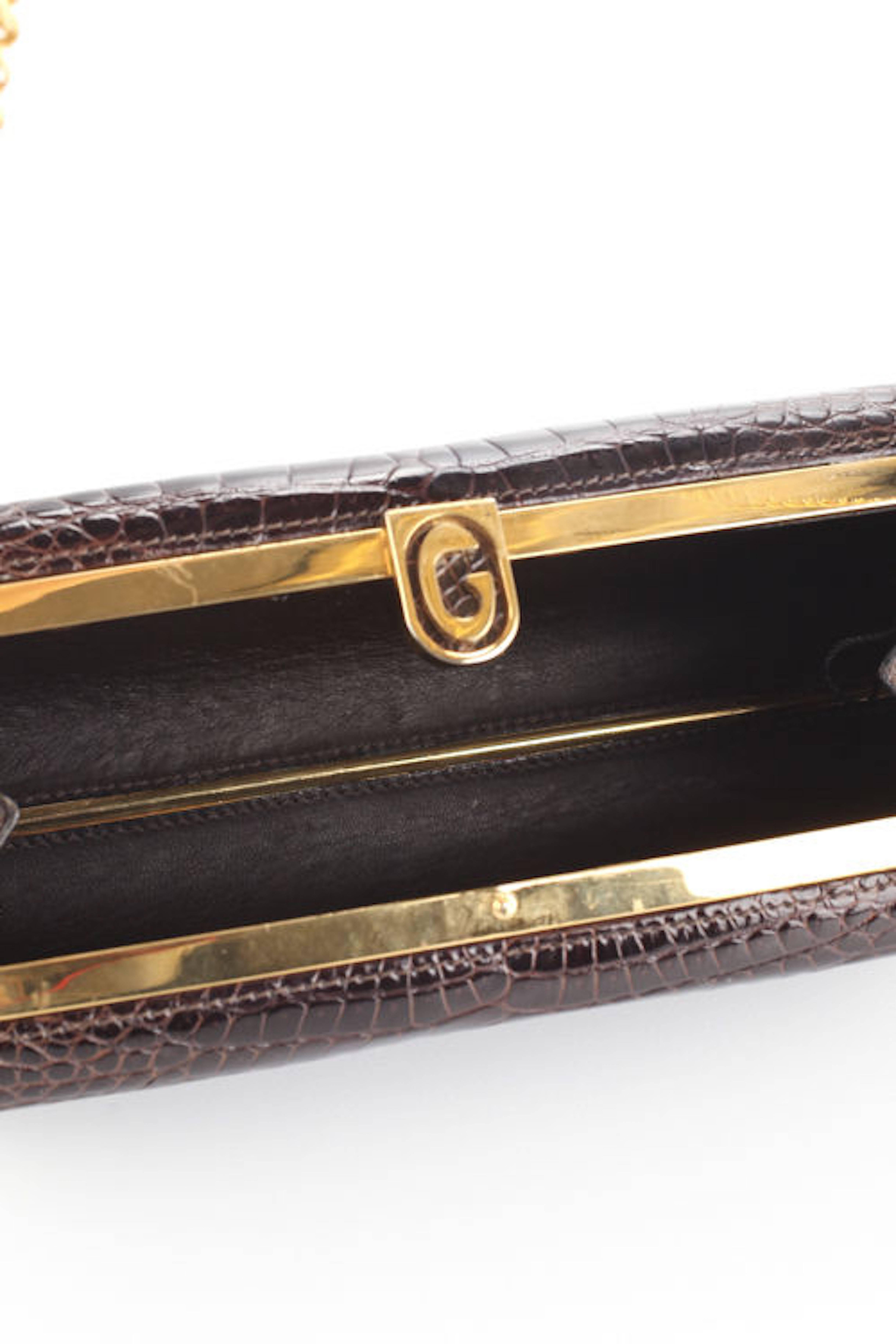 Women's Gucci Vintage Alligator Gold Kisslock 2 in 1 Shoulder Bag Box Evening Clutch