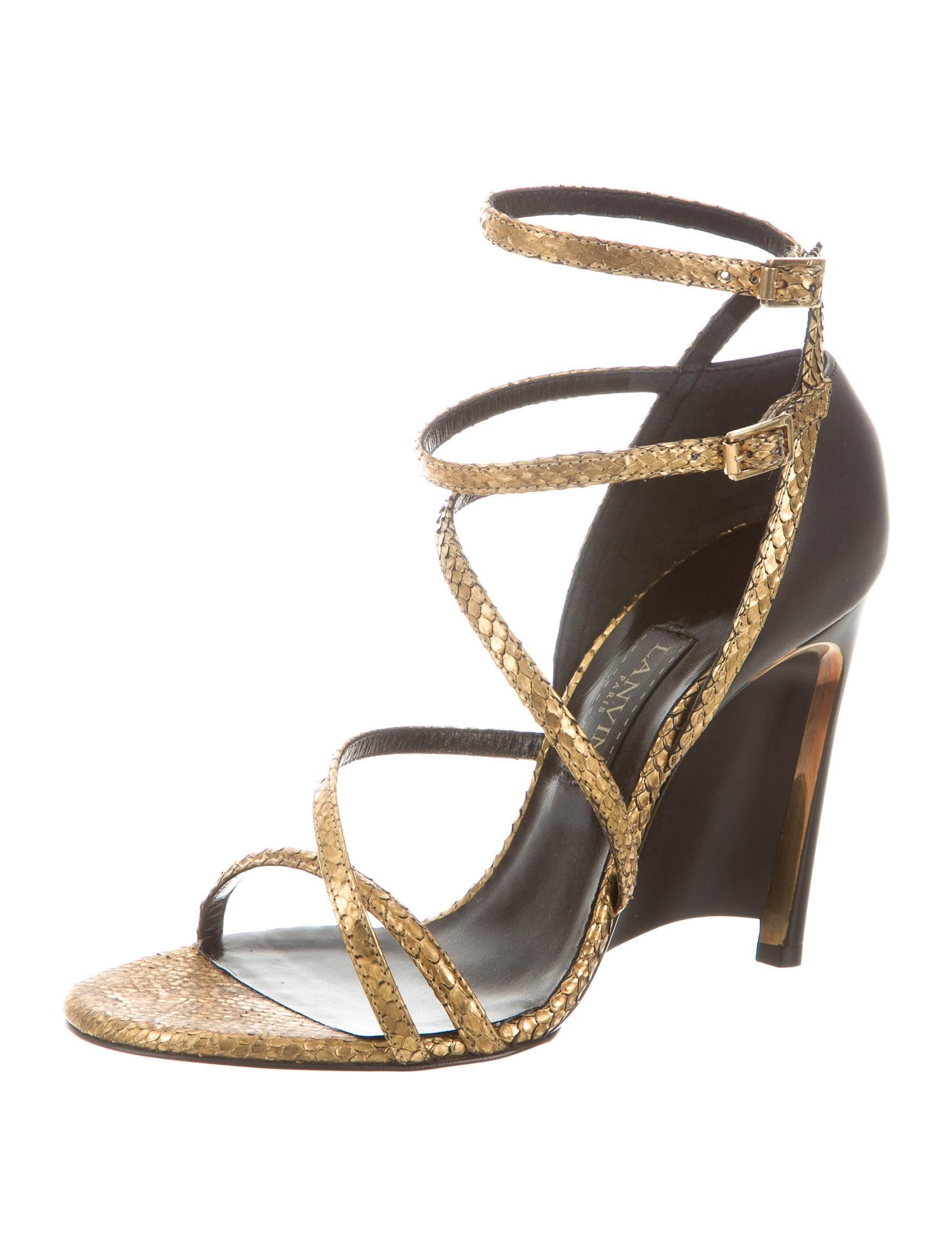 Black Lanvin New Gold Snake Brown Leather Wedge Strappy Sandals Heels