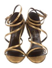 Lanvin New Gold Snake Brown Leather Wedge Strappy Sandals Heels
