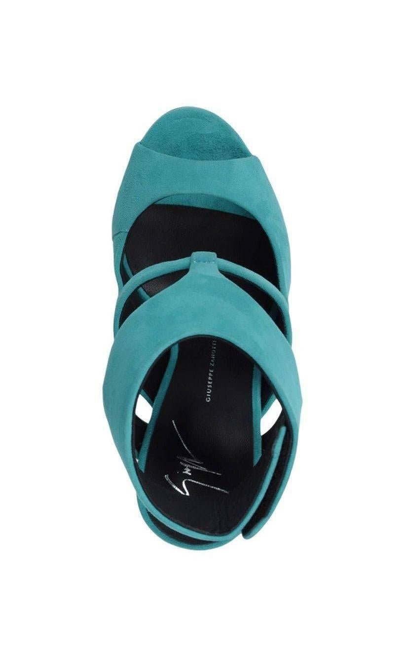 Giuseppe Zanotti New Teal Green Suede Cut Out Evening Sandals Heels in Box In New Condition In Chicago, IL
