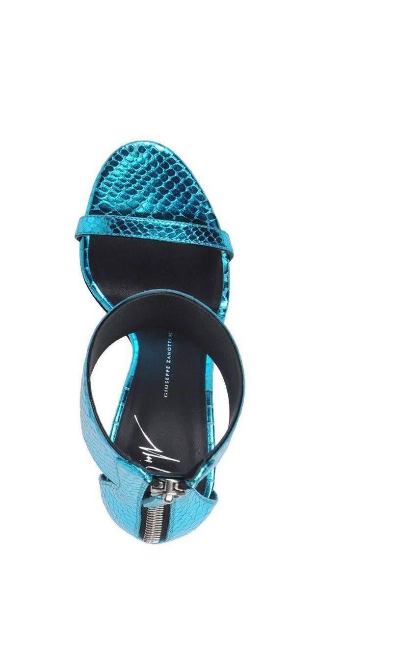 Blue Giuseppe Zanotti New Teal Metallic Snake Leather Evening Sandals Heels in Box