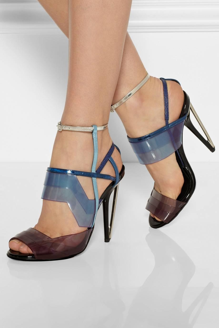 CURATOR'S NOTES

Fendi New Runway Blue Purple Silver Cut Out Sandals Heels in Box  

Size IT 36
PVC 
Ankle strap closure
Leather lining
Leather sole
Made in Italy
Heel height 4.5" 
Includes original Fendi box