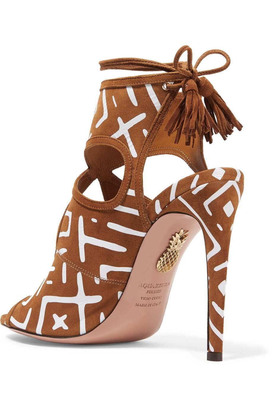 Aquazzura New Cognac Tribal Cashmere Suede Cut Out Lace Up Sandals Heels in Box In New Condition In Chicago, IL