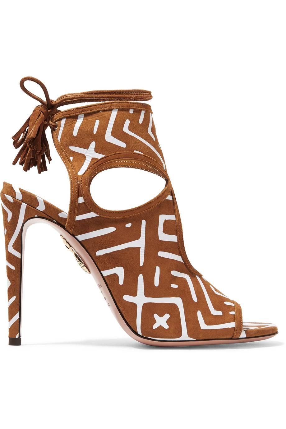 Brown Aquazzura New Cognac Tribal Cashmere Suede Cut Out Lace Up Sandals Heels in Box