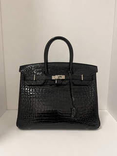 HERMES Birkin 35 Black Shiny Crocodile Top Handle Satchel Tote Bag