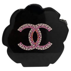 Chanel Runway Black Resin Pink Strass Flower Evening Clutch Shoulder Bag