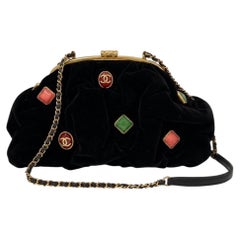 CHANEL Black Velvet Green Red Gripoix Pouch Charm Gold Hardware Shoulder Clutch