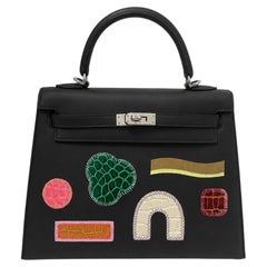 NEW! HERMES Kelly 25 Sellier Broderie Colla Palladium Hardware Top Handle Bag