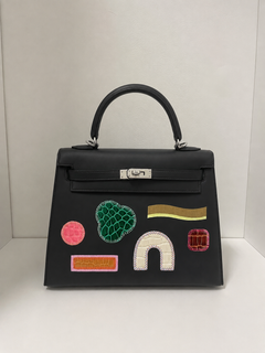 NEW! HERMES Kelly 25 Sellier Broderie Colla Palladium Hardware Top Handle Bag