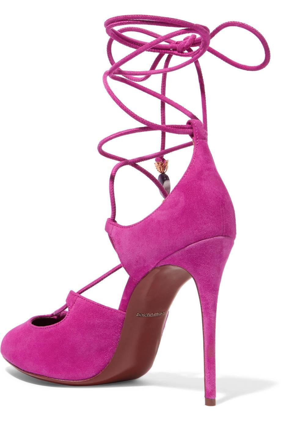 Women's Dolce & Gabbana New Sold Out Pink Suede Pom Pom Evening Heels Pumps in Box